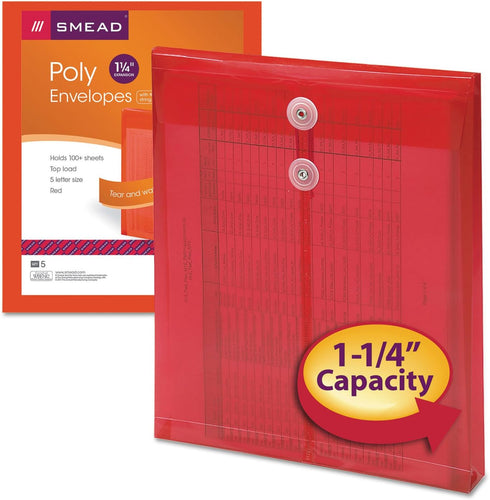 Poly Envelope Smead, 1-1/4" Expansion, String-Tie Closure, Top Load, Letter Size, Red, 5 per Pack (89547)