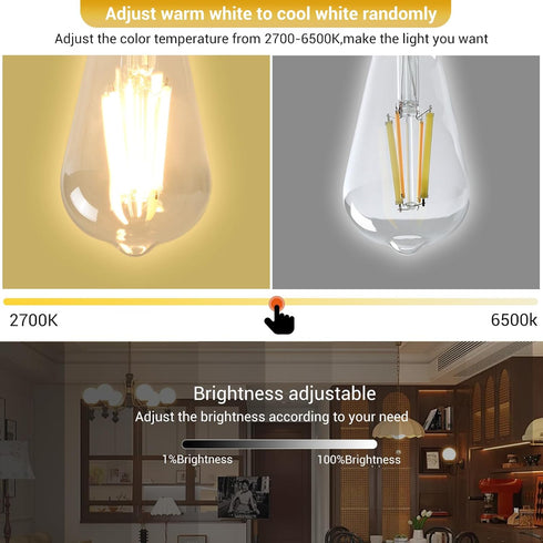phwii Bulbs,Remote Bulb,ST64 Bulbs Control,800LM 6W (60W Equivalent),E26 Base,Dimmable 2700K-6500K, 2-Pack(2 Bulbs+1