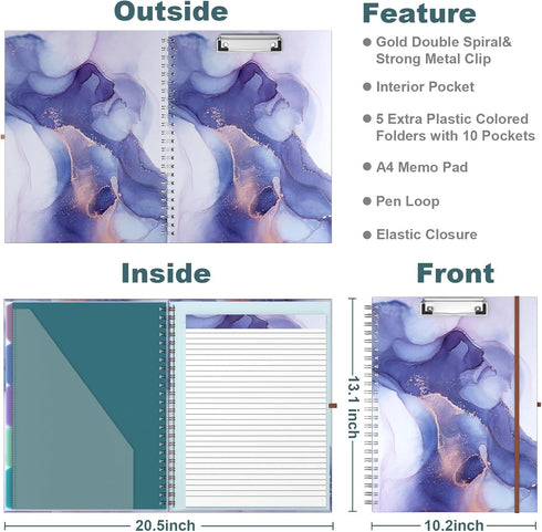 Hongri Clipboard Folio with Refillable Lined Notepad, Clipboards with 5 A4 Folders, Spiral Clip Board Portfolio (Purple