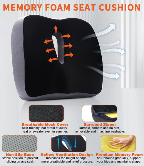 OKEJUNYE Tailbone Memory Foam Seat Cushion, Large Office Chair Cushions Chair Pad for Sciatica Coccyx Lower Back Pain