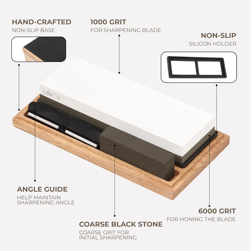1000/6000 Set Libken Whetstone Knife Sharpening Stone Kit Grit with Wooden Box Wet Stone Sharpener for Kitchen Knives