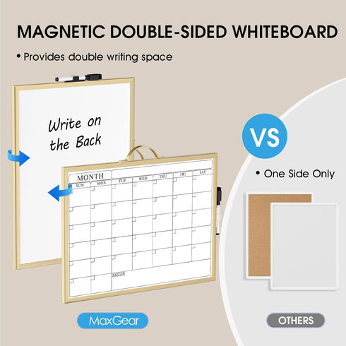 MaxGear Monthly Calendar Dry Erase Board, 16"x12" Hanging Whiteboard with Handle, Golden Aluminum Frame for Office