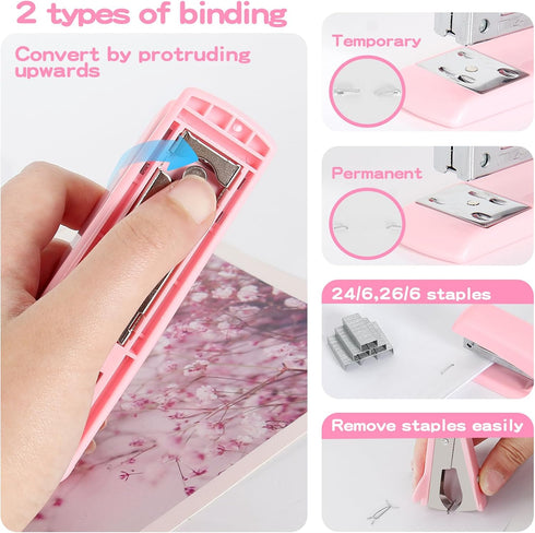 Office Supplies Set, Pink Stapler and Tape Dispenser Set with Staple Remover, Stapler and Staples Set with 1000 Staples, Clips, Tape, Scissor and Tabs, Desk Accessories for Student by LandHope