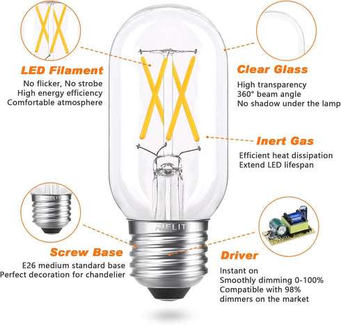 40 Watt Equivalent LED Bulb, E26 Base, 4W Energy Efficient, Soft Warm White 3000K, Dimmable Tubular T14 T45, 4 Pack