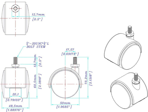 2" Wheel Diameter | Black Nylon Swivel Hooded Samson Twin Wheel Caster | 1/4-20 x 1/2" Threaded Stem | Installed mounting Height: 2-5/16''| 4 Pack
