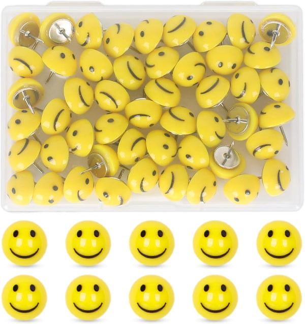 Whaline 50Pcs Resin Happy Face Push Pins, Cute Yellow Cork Board Thumbtacks for Bulletin Board Decor