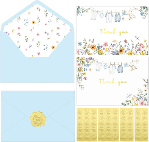 Thboxes 50 Pack Blue Baby Shower Thank You Cards with Envelopes and