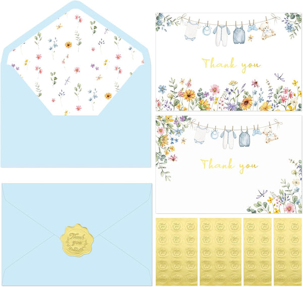 Thboxes 50 Pack Blue Baby Shower Thank You Cards with Envelopes and