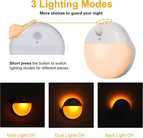 YUNLEX 2 Pack 2.6" Dimming, 3 Amber Night Light, Battery Operated Night Light, Small Sticky Lights, Light Modes, Motion
