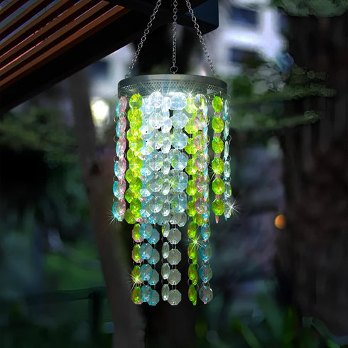 LEWIS&WAYNE Hanging Solar Crystal Chandelier Outdoor, 21 Modern Solar Multicolor Acrylic Beaded Lantern