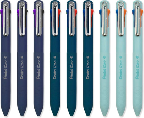 Pentel iZee 4 Colour Ballpoint Pen, Multi Ink, Deep Blue, Deep Violet & Sky Blue Barrels, Pack of 9