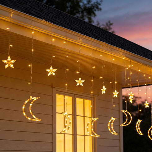 138 8.2 8 TW SHINE Ramadan Star Moon Curtain String Lights, LED FT Star Moon Hanging Lights with Modes and Timer
