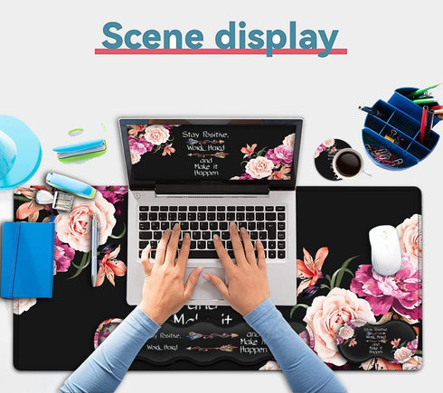 Peony Flower Inspirational Quotes Large Mouse Pad with Wrist Support Set, Ergonomic Mouse Wrist Pad +XXL Gaming Pad
