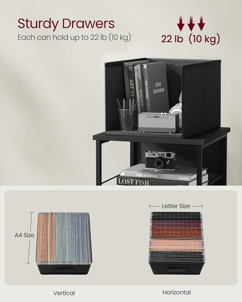 VASAGLE File Cabinet, 3 Drawers, Printer Stand, Cube Storage Shelf for A4, Letter-Size Files, Ebony Black & Ink Black