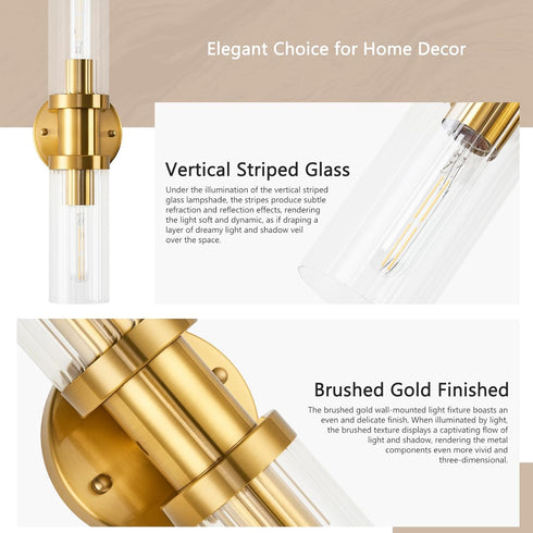 addigi 17.5 inch 2-Light Inch Gold Wall Sconces, Modern Wall Sconces Lighting with Stripped Glass Shade, Gold Vanity