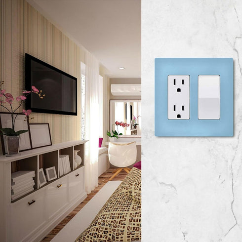 Light Blue Light Switch Cover, Receptacle Outlet Wall Plate 1 Gang Screwless Decorator Cover