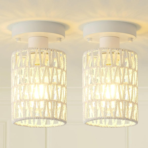 2-Pack Rattan Ceiling Lights Flush Mount, Close to Ceiling Light Fixtures with