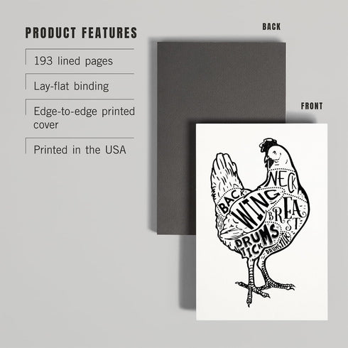 6x9 193 Lantern Press Chicken, Butchers Block Meat Cuts, Black Chicken on White (Lined Journal, Lay Flat, Pages, FSC