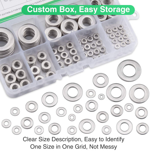 304 Stainless Steel Flat Washers Set, 580 Pieces, 9 Sizes for Home Decoration and Outdoor Construction