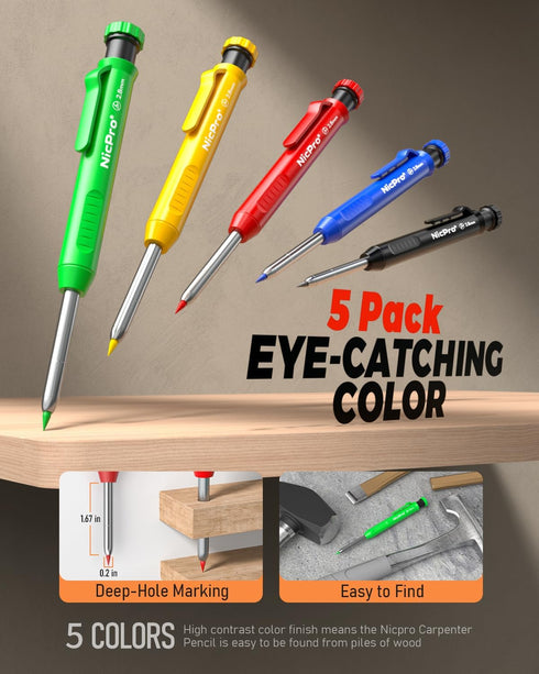 Nicpro 27 Pack Carpenter Pencils - Mechanical Pencil with 100 Refill, Automatic Center Punch, Carpenter Tool