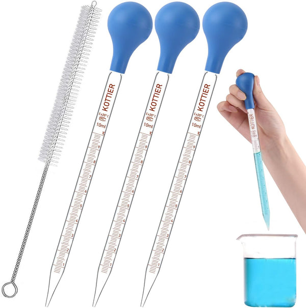 10ml Glass Pipettes Dropper, Graduated Lab Dropper for Liquid Essential Oil, 3 Pieces with Rubber Bulb