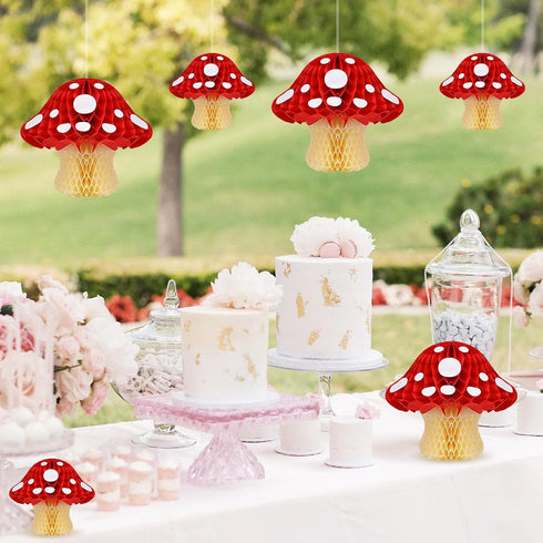 5 Pack Mushroom Honeycomb Paper Decorations - Cute Woodland Party Decor for Baby Shower, Kids Birthday, Backyard Garden