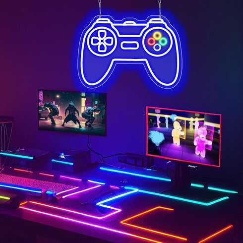 Gamer Neon Sign for Teen Boys Girls Gift Blue Gamepad Shaped LED Light Hangings Cool Gaming Light up Sign Decoration