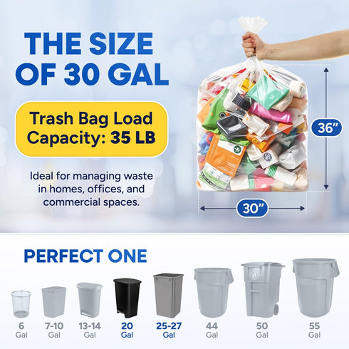(500 Pack) 30 Gallon Clear Trash Bags, 10 Mic, High-Density, Fits Round and Square 20-30 Gal Trash Cans, 30” x 36”