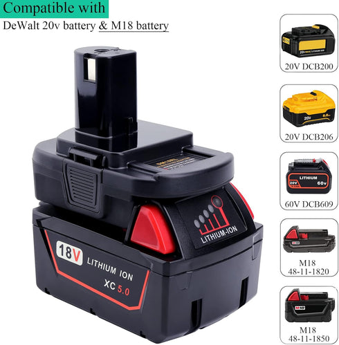 Lasica Adapter Compatible with DeWalt 20V Battery & Milwaukee M18 Battery for Ryobi 18-Volt ONE+ Cordless Tools