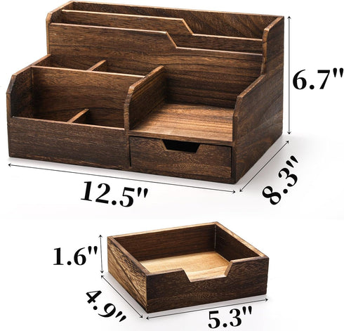 Brown Wooden Mail Organizer with 7 Compartments and Drawer, Rustic Desk Organizer with Pen Holder, Tabletop Mail Basket