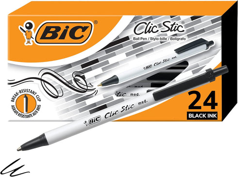 BIC Clic Stic Black Retractable Ballpoint Pens, Medium Point (1.0mm), 24-Count Pack, Comfortable Round Barrel