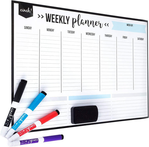 cinch! 17x12-Inch Magnetic Weekly Planner/Calendar for Fridge - Stain Resistant Dry Erase Whiteboard with Markers