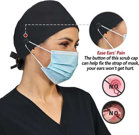 IRIS CRAFT Adjustable Scrub Cap with Button, Satin-Lined Cotton Scrub Hat Sweatband, Elastic Working Hat Unisex, One