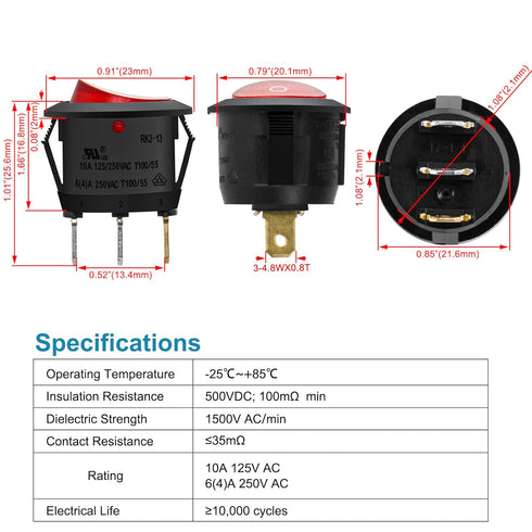 Round Rocker Switch ON-Off SPST, 3 Terminals Red Light, 10A 250VAC, 5 Pack.