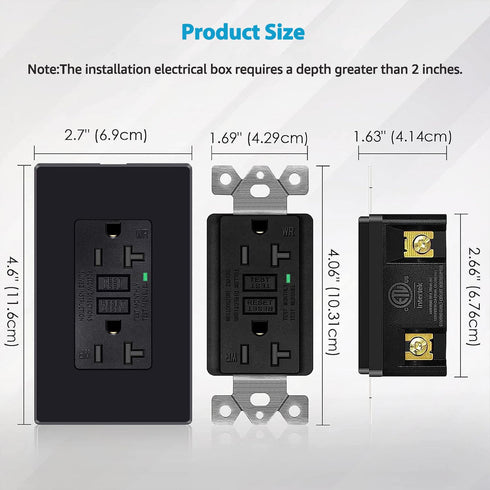 Black GFCI Outlet 20 Amp, GFCI Outlet Receptacle with LED Indicator, 20 Amp 125 Volt Wallplate and Screws Included ETL