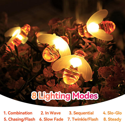 Solar Bee String Lights Outdoor, 50 LEDs Waterproof 8 Modes Honeybee Fairy Lights for Garden Decor