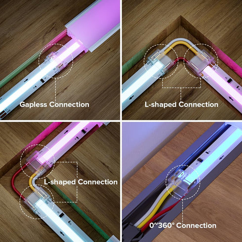 FCOB 12mm 3Pin WS2811 720LED/m 22AWG 3Pin COB Connectors Kit for RGB Smart IC Strip, L-Shaped Corner Connector/Gapless