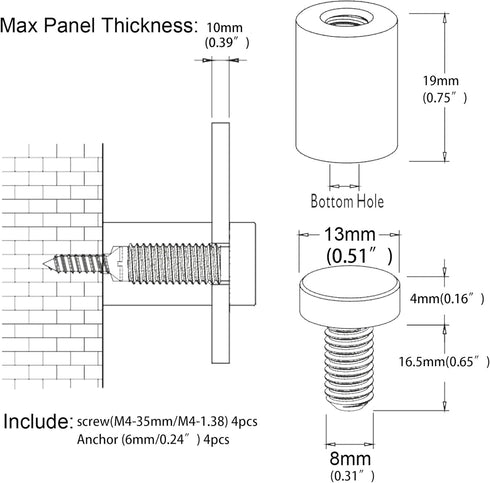 Sign Standoff 1/2" x 3/4", Black Aluminum Sign Standoff Screw for Acrylic, Glass, PVC, Pack of 4