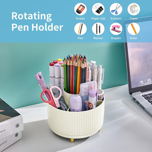 Marbrasse 360-Degree Rotating Desk Organizer, 5 Compartments Pen Holder, Art Supply Storage Box Caddy for Home Office