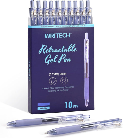 WRITECH Fine Point Gel Pens, Retractable 0.7mm Blue-Ink Color Pen for Journaling Smooth Writing No Bleed Set 10ct