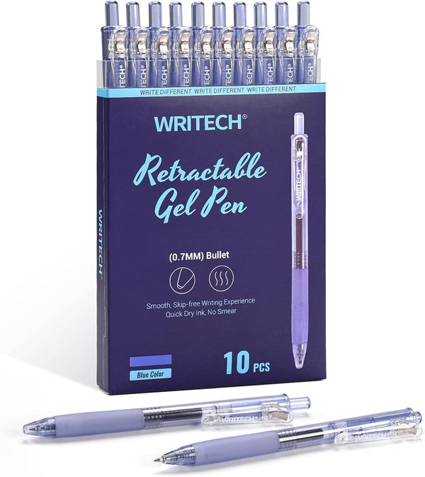 WRITECH Fine Point Gel Pens, Retractable 0.7mm Blue-Ink Color Pen for Journaling Smooth Writing No Bleed Set 10ct