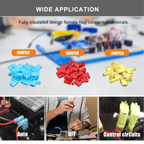 RuoFeng 100PCS 90 Degree Nylon Flag Spade Female Insulated Quick Disconnects - Electrical Crimp Wire Terminals, Blue