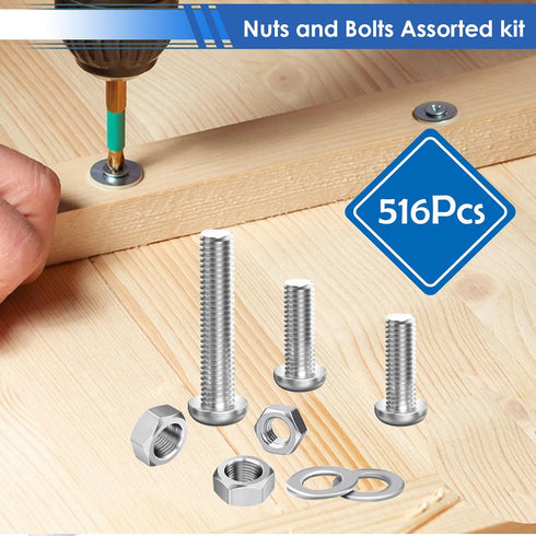 smseace 516Pcs 21-Sizes M3/M4/M5/M6 Nuts and Bolts Assortment Kit Nut Bolt Washer Assortment Kit for Machinery