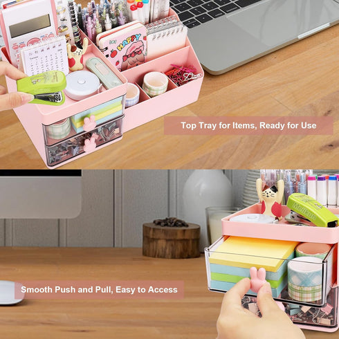 Desk Organizer, Makeup Organizer with 2 Drawers, 7 Compartment Storage for Women, Cute Bathroom Organization, Pink