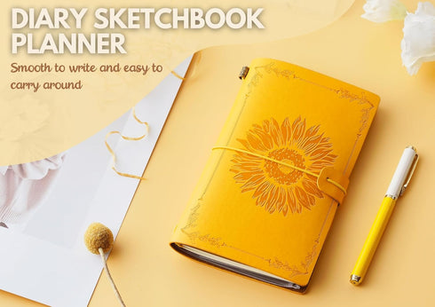 InnoBeta Sunflower Leather Journal Notebook 7x5 Inches, Refillable Sketchbook, Lined Planner, Travel Diary - Yellow -