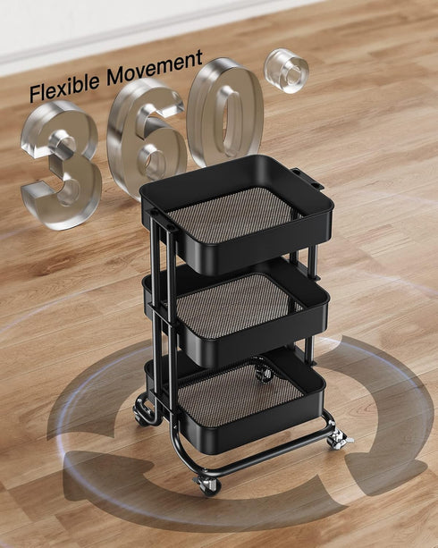 Pipishell 3 Tier Metal Rolling Utility Cart, Heavy-Duty Storage with 2 Lockable Wheels, Black