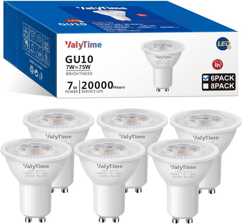 GU10 LED Light Bulbs, 7W Warm White 3000K, 50W-60W-75W Equivalent, Non-Dimmable, 650Lm for Track Spot Lighting, 6 Pack