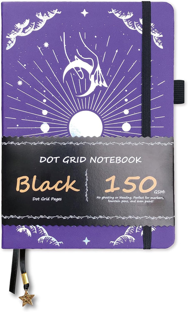 BUKE Dotted Journal, 150gsm Black Paper, 5 * 5mm DOT GRID Layout, 160 Pages, A5 PU Leather Hardcover (Purple)