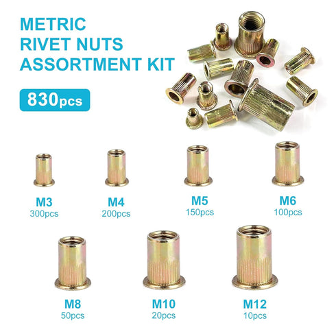 Trivd Frol 830pcs M3, M4, M5, M6, M8, M10, M12, 830pcs) Rivet Nut Tool Kit, SAE/Metric Rivet Nut Assortment Kit w