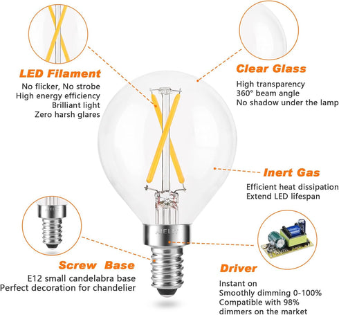 E12 LED Light Bulbs 25-Watt Equivalent, Dimmable, Warm White 2700K, 2W Vintage Clear G15/G50 - 8 Pack